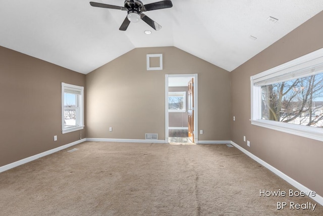 additional living space with vaulted ceiling, carpet floors, and a healthy amount of sunlight