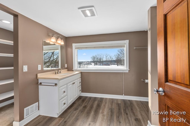 bathroom with vanity and hardwood / wood-style floors