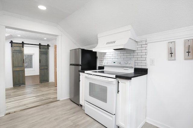 kitchen featuring premium range hood, electric range, ornamental molding, white cabinets, and a barn door