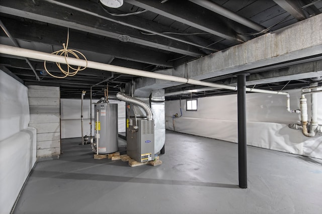 basement with heating unit and water heater