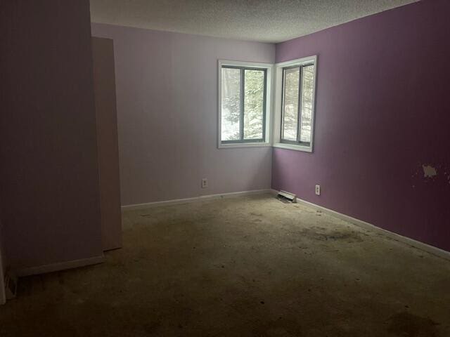 unfurnished room featuring carpet and a textured ceiling