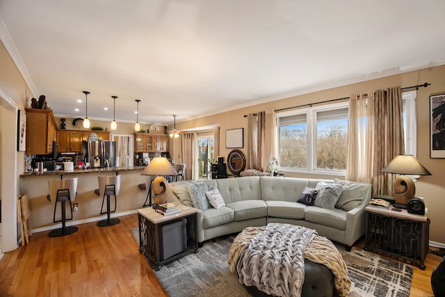 living room with crown molding and light wood-type flooring