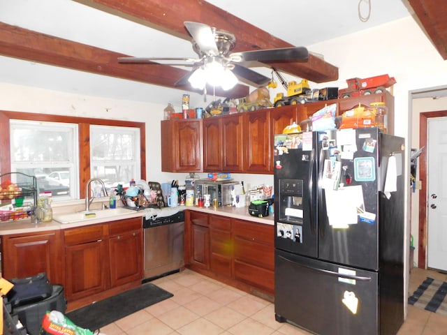 kitchen featuring sink, light tile patterned floors, black refrigerator with ice dispenser, and stainless steel dishwasher