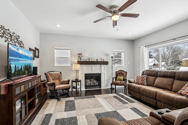 living room featuring dark wood-type flooring and ceiling fan