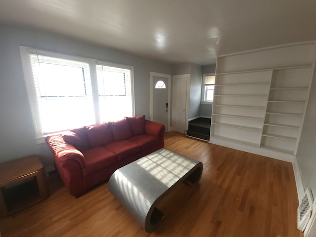 living room featuring a wealth of natural light and light hardwood / wood-style floors