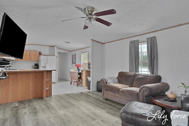 living room with vaulted ceiling, light wood-type flooring, ceiling fan, crown molding, and a textured ceiling