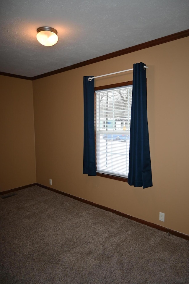 carpeted empty room with ornamental molding and a textured ceiling