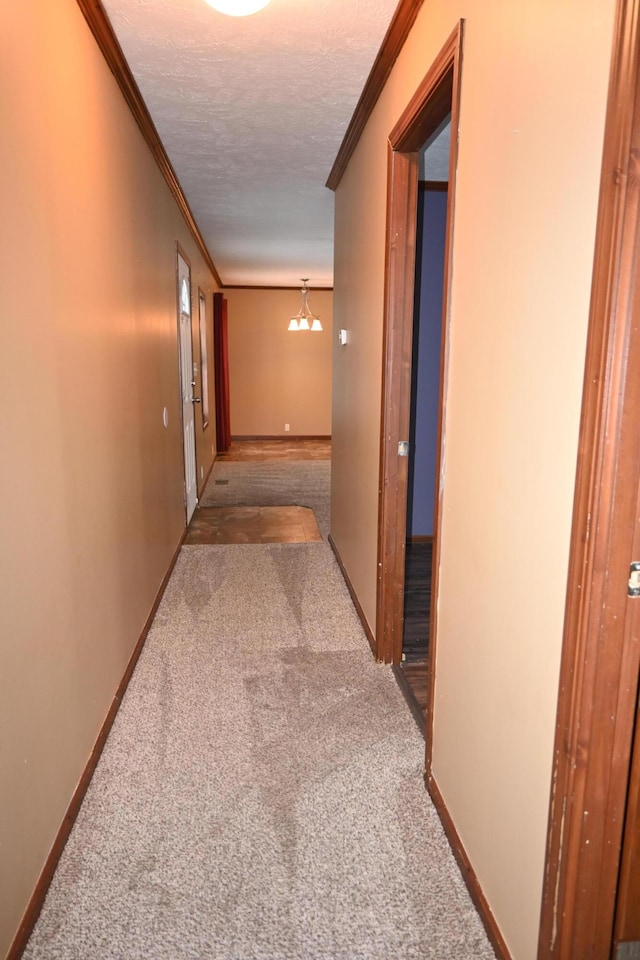 hallway featuring carpet floors, ornamental molding, and a textured ceiling