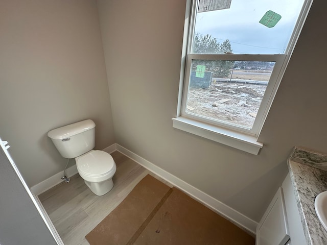 bathroom with vanity, hardwood / wood-style flooring, and toilet