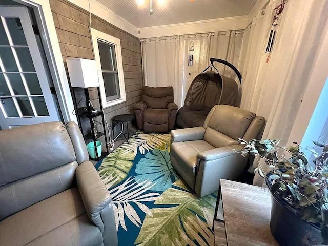 living room with crown molding