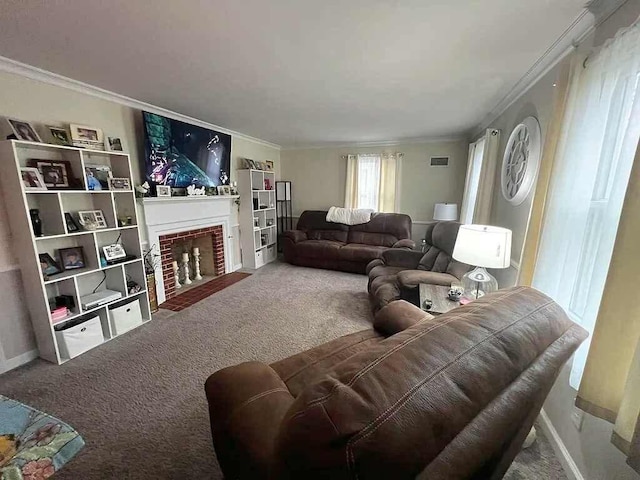 living room with carpet flooring, ornamental molding, and a fireplace