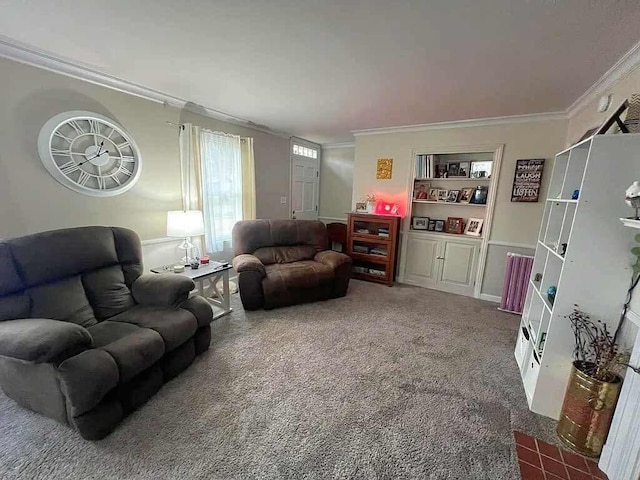 living room with crown molding, dark carpet, and built in shelves