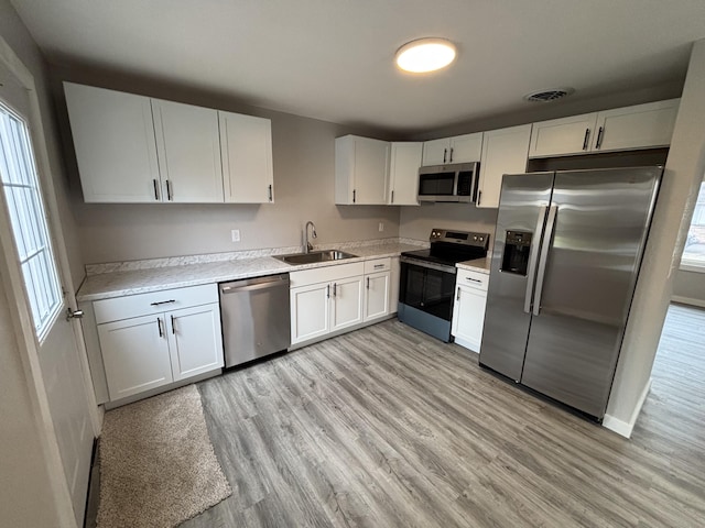 kitchen featuring stainless steel appliances, white cabinetry, sink, and light hardwood / wood-style flooring