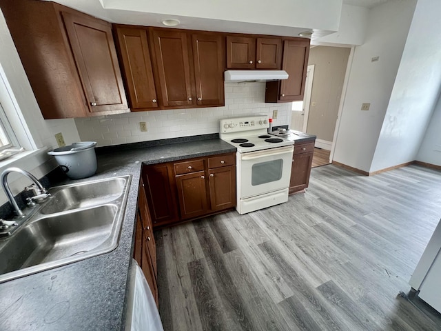 kitchen featuring electric stove, sink, backsplash, and light hardwood / wood-style flooring