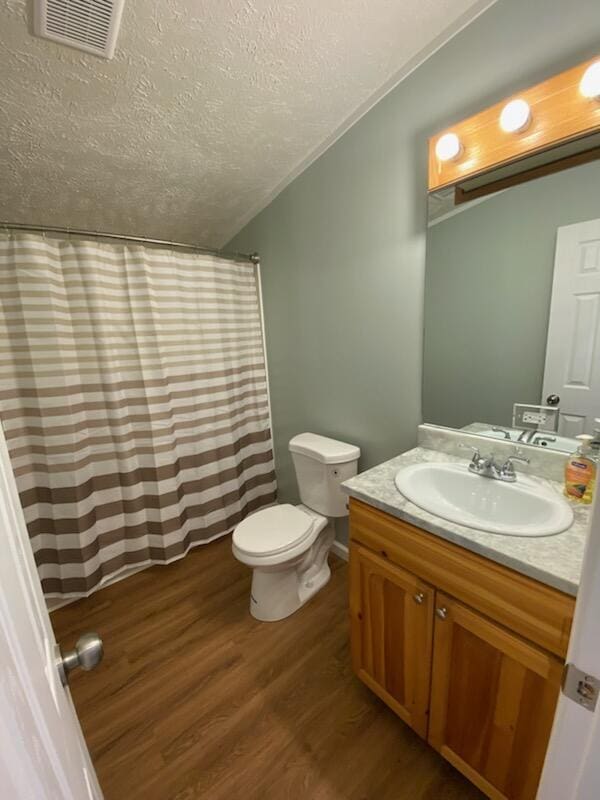 bathroom with vanity, hardwood / wood-style floors, a textured ceiling, and toilet