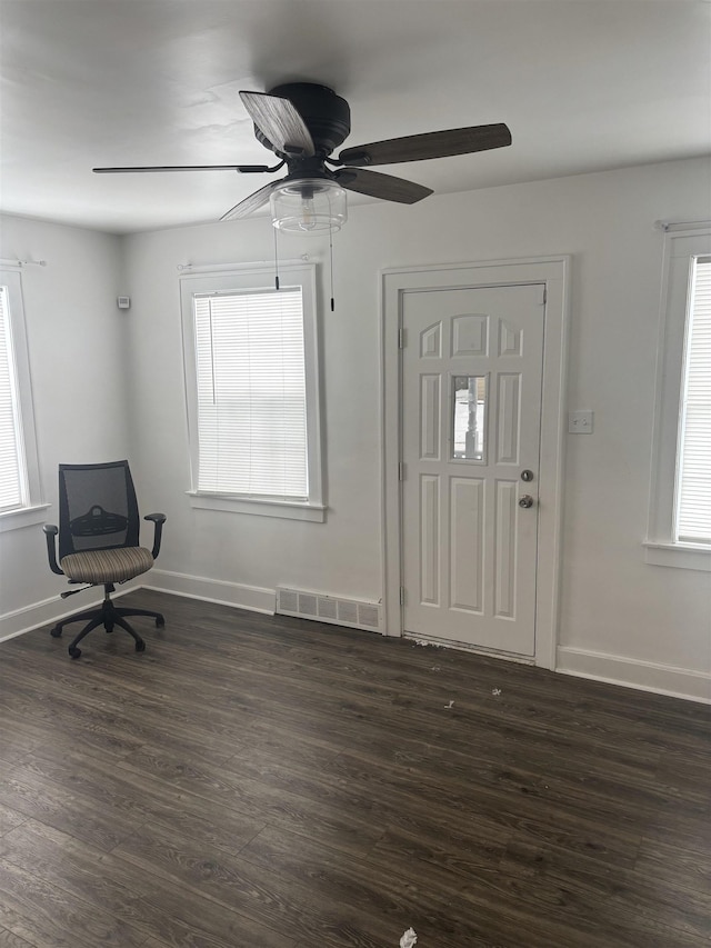 entryway featuring baseboards, visible vents, plenty of natural light, and dark wood-type flooring