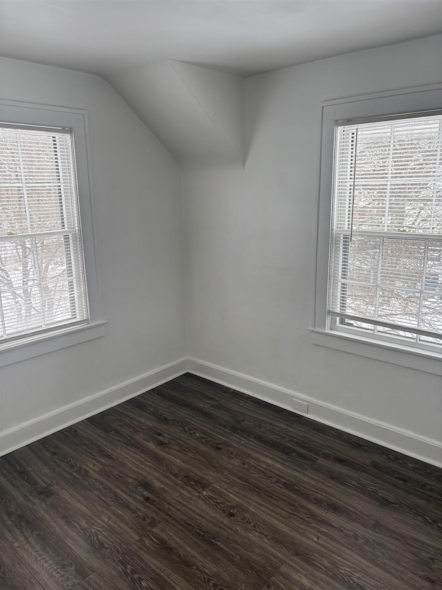 additional living space featuring dark wood-type flooring, baseboards, plenty of natural light, and vaulted ceiling