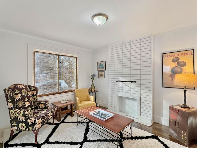 interior space with hardwood / wood-style flooring and ornamental molding