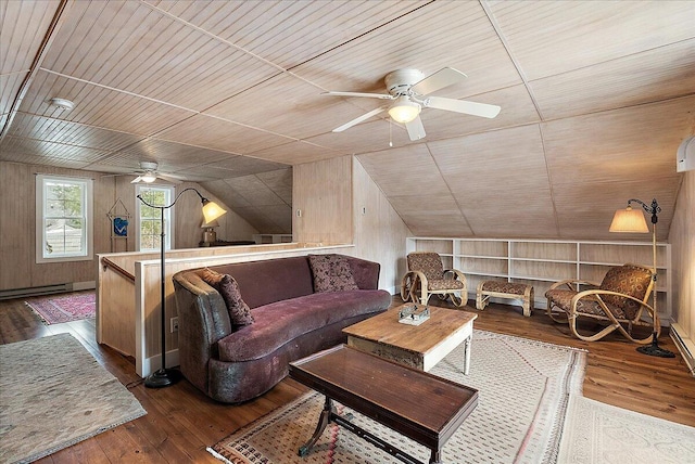 living room with hardwood / wood-style flooring, lofted ceiling, wooden walls, and wood ceiling