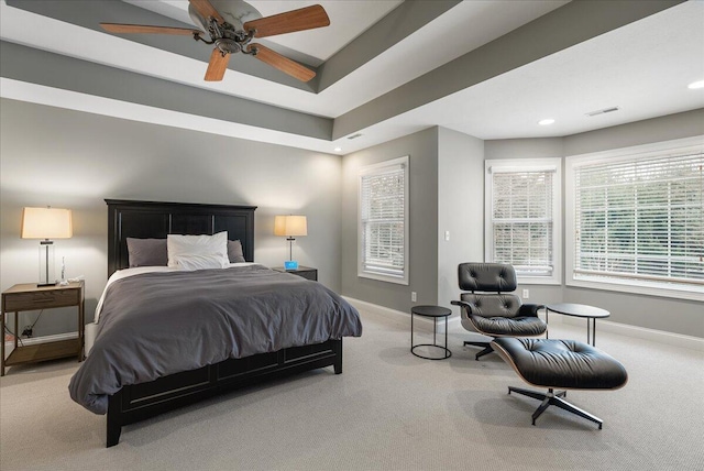 carpeted bedroom featuring ceiling fan