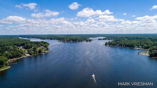 drone / aerial view featuring a water view