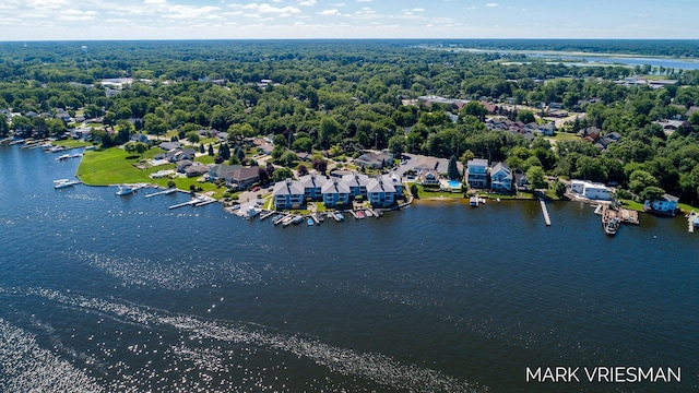 drone / aerial view with a water view