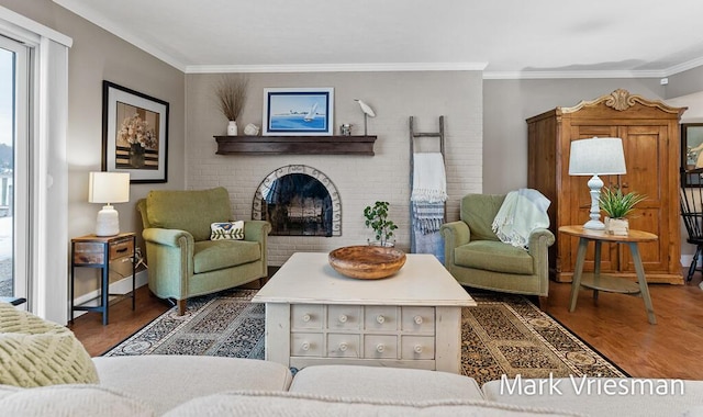 living room with a fireplace, dark wood-type flooring, and ornamental molding