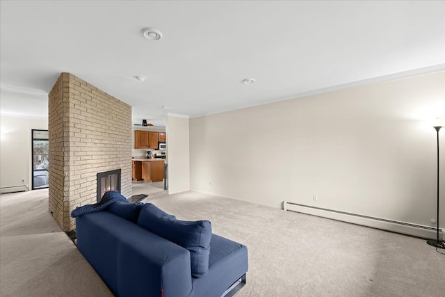 carpeted living room with a fireplace and baseboard heating