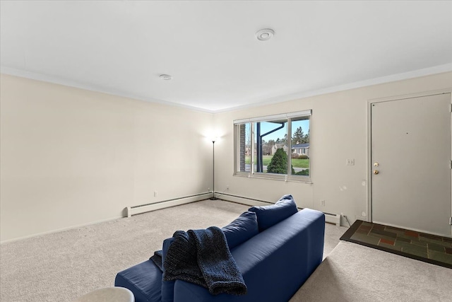 carpeted living room with a baseboard heating unit