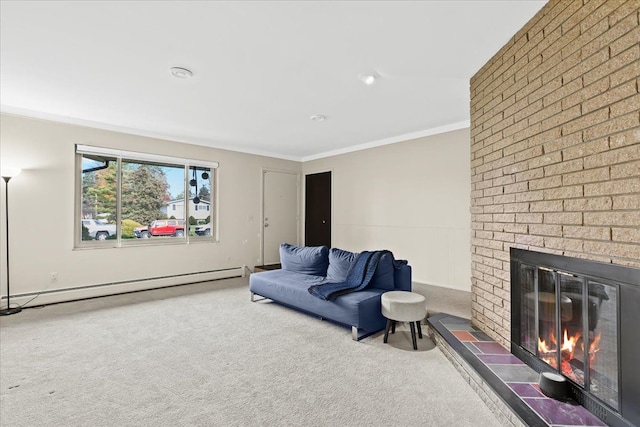 living room with baseboard heating, carpet flooring, ornamental molding, and a fireplace