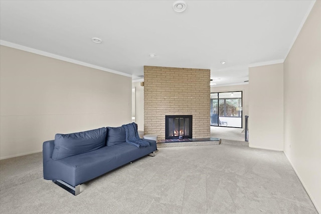 carpeted living room with a brick fireplace and ornamental molding