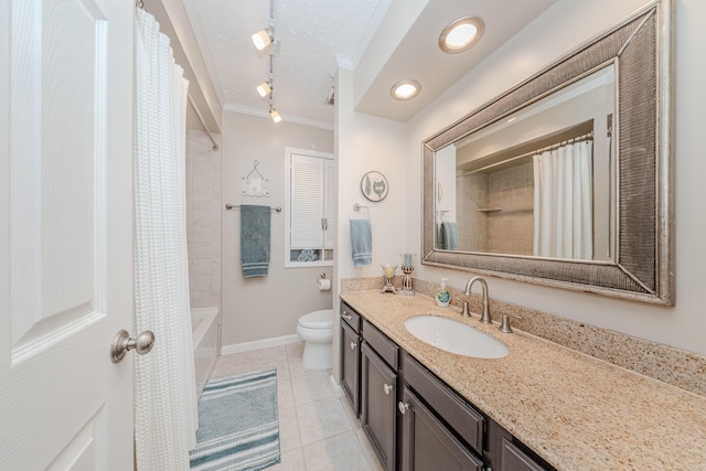 full bathroom with vanity, ornamental molding, shower / bath combination with curtain, tile patterned floors, and toilet