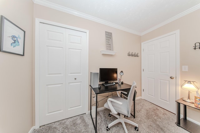 carpeted office featuring crown molding