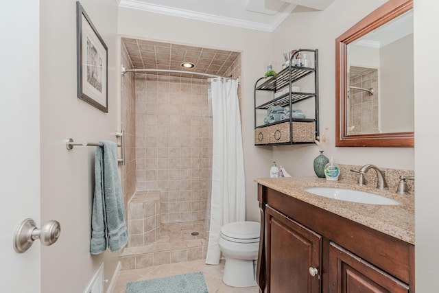 bathroom featuring ornamental molding, toilet, and walk in shower