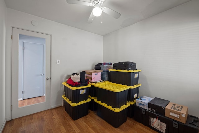 storage room with a ceiling fan