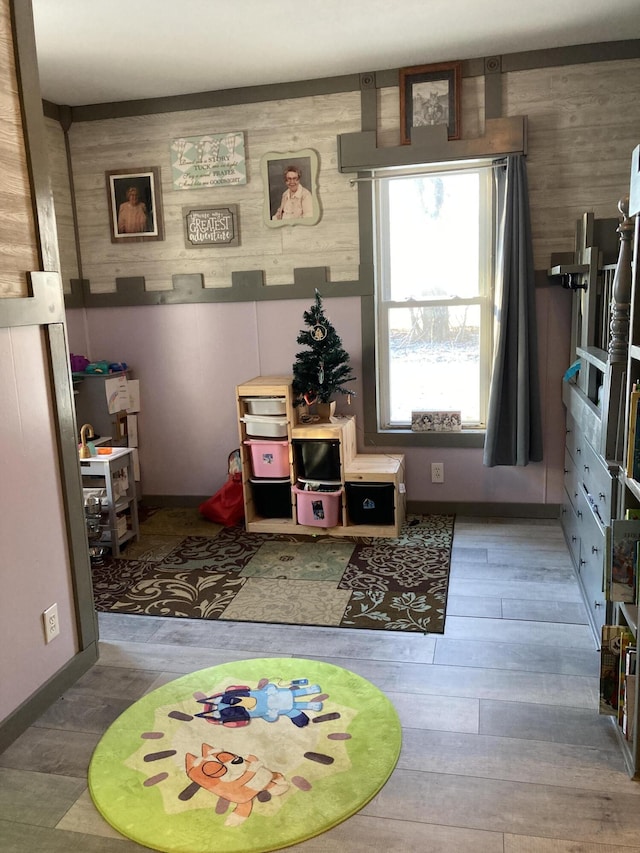 rec room with dark hardwood / wood-style flooring