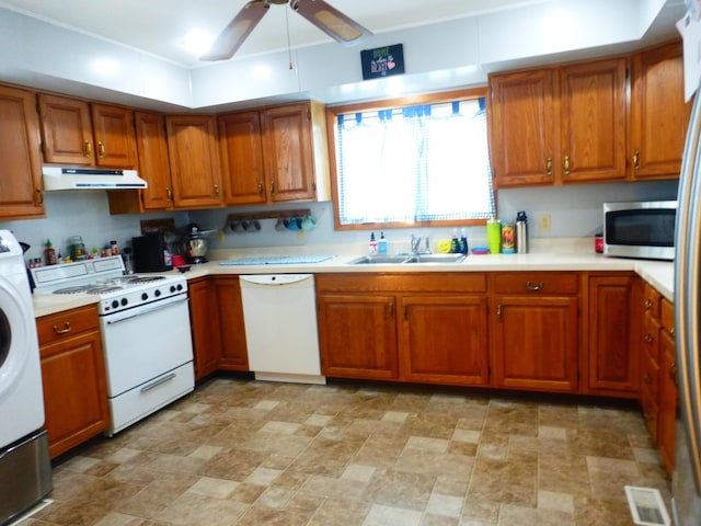 kitchen featuring sink, white appliances, and ceiling fan