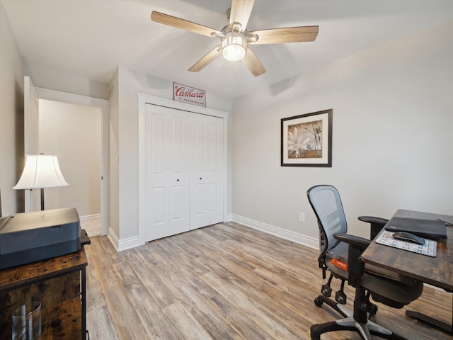 home office featuring ceiling fan and light wood-type flooring