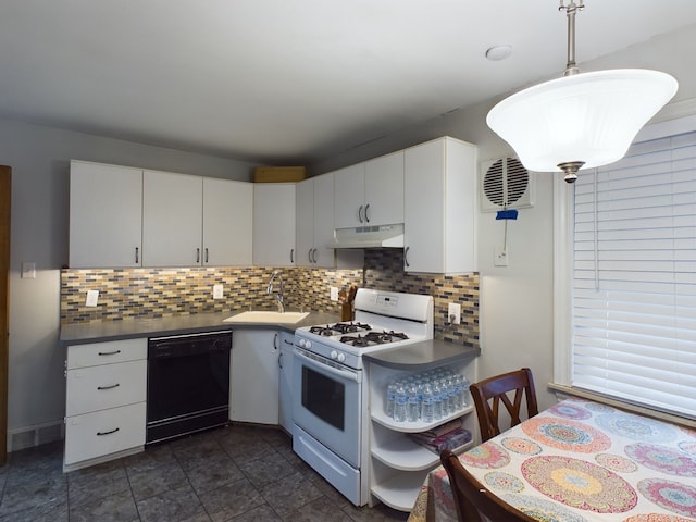 kitchen featuring gas range gas stove, a sink, under cabinet range hood, dishwasher, and backsplash