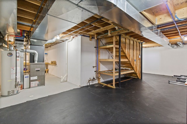 basement with heating unit and water heater