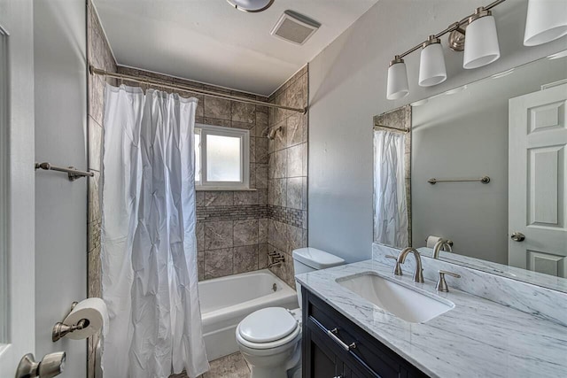 full bathroom with toilet, vanity, and shower / bathtub combination with curtain