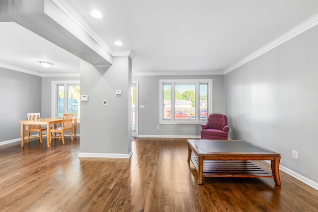 living area featuring crown molding, dark hardwood / wood-style floors, and a healthy amount of sunlight