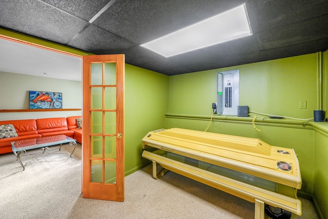 misc room featuring a paneled ceiling, electric panel, and carpet