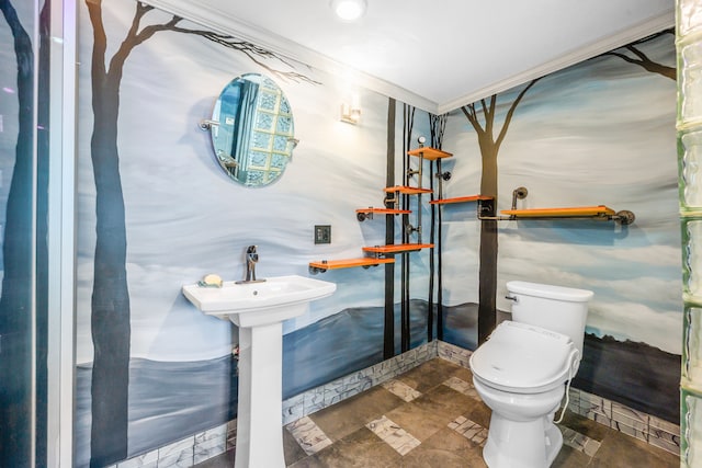 bathroom featuring ornamental molding and toilet