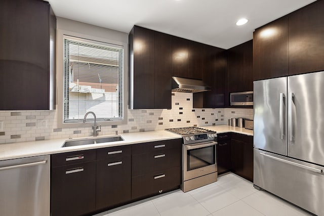 kitchen featuring tasteful backsplash, dark brown cabinetry, stainless steel appliances, and sink