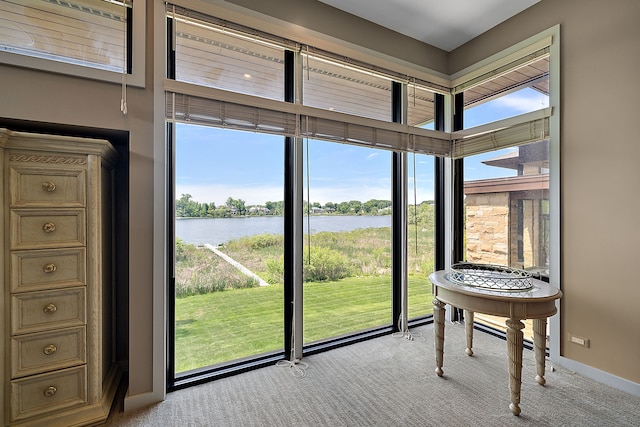 doorway to outside with a water view and light carpet