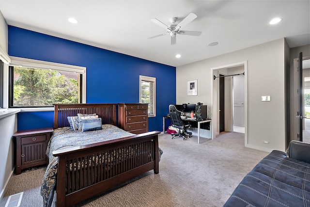 carpeted bedroom with ceiling fan