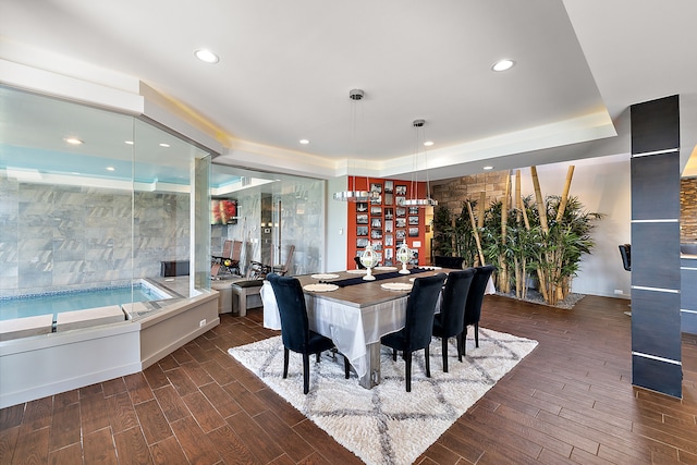 dining room featuring a tray ceiling and dark hardwood / wood-style flooring