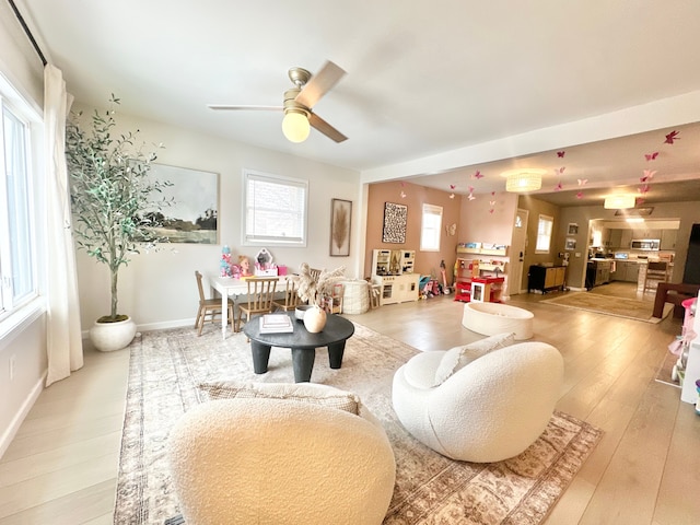 living room with ceiling fan, plenty of natural light, and light hardwood / wood-style flooring