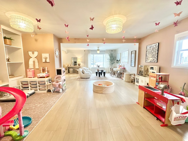 recreation room with light wood-type flooring